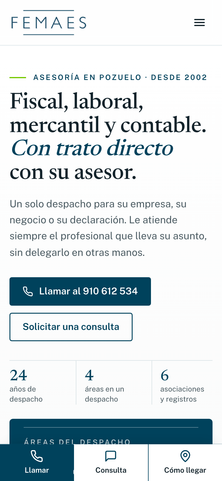 Captura de la web nueva de Femaes Asesores en un móvil